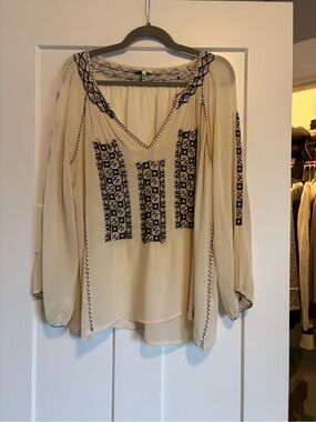 Joie Cream Peasant Blouse with Black Embroidery